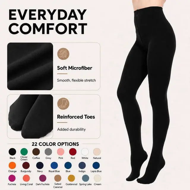 Alt view image 3 of 7 - 80D Opaque Black Tights for Women, High Waist Tummy Control | Soft Microfiber ComfortControl TopReinforced ToesGreyRedCoffeePinkGreenNudeWhiteSuitable for All Body Types