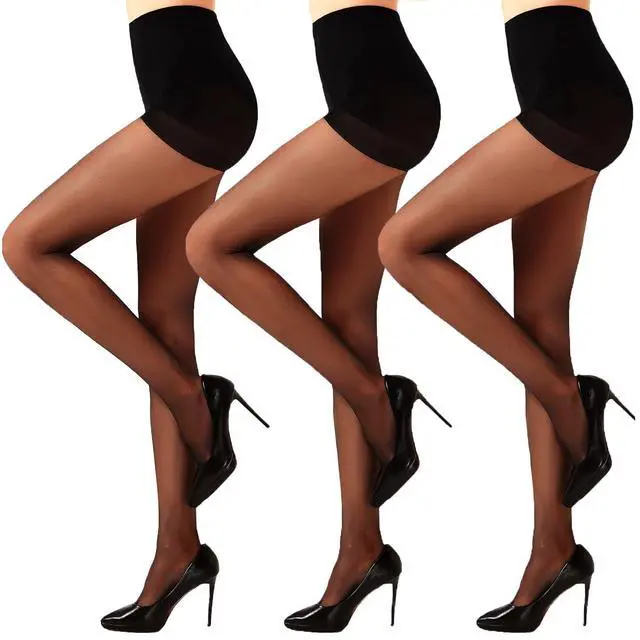 Main image of 3 Pairs Black Sheer Tights for Women - 20D Resist Tears Control Top Pantyhose with Reinforced Toes, Smooth, Supple(Black-M)