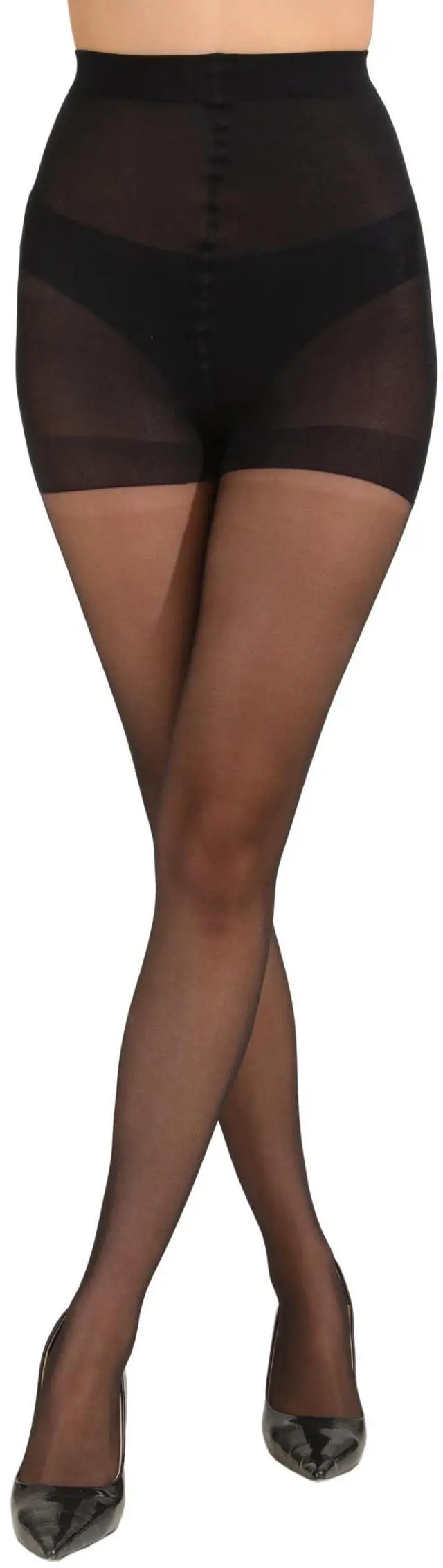 Alt view image 4 of 5 - 3 Pairs Women's 20D Pantyhose with Control Top and Reinforced Toes (Black, S)