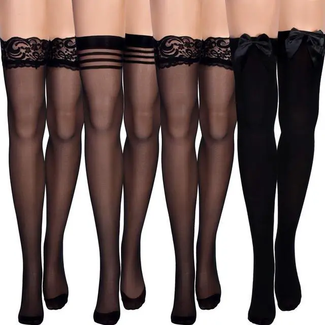 Main image of Thigh High Socks,Classic Style,Black | Sheer Lace Silicone Grip for Stay up, Satin Bow Detail, Women Party Wedding Date Night, Hosiery Pantyhose, 4 Pairs in Set