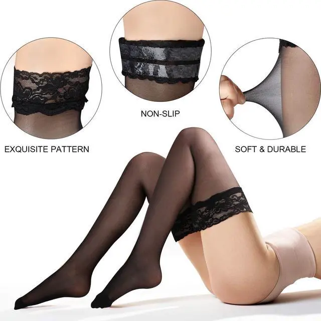 Alt view image 4 of 7 - Thigh High Socks,Classic Style,Black | Sheer Lace Silicone Grip for Stay up, Satin Bow Detail, Women Party Wedding Date Night, Hosiery Pantyhose, 4 Pairs in Set