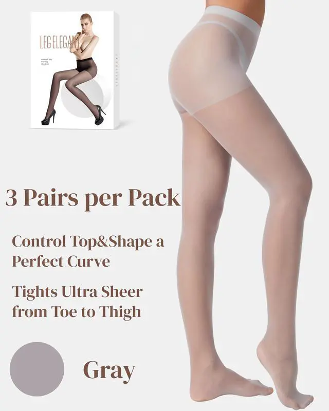 Alt view image 4 of 6 - 3 Pairs Sheer Tights Women's 20D Ultra Sheer Pantyhose with Control Top (Light Gray, S)