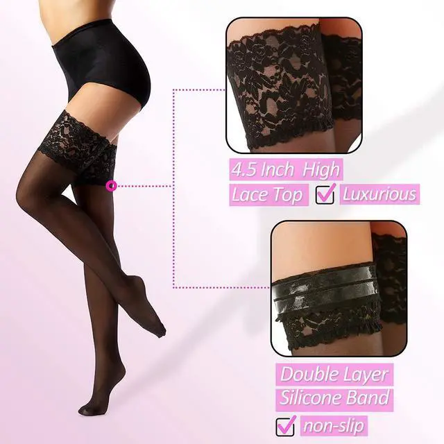 Alt view image 4 of 7 - Thigh High Stockings with Silicone - 15D Sheer Lace Top Nylon Stay Up Pantyhose for Women | Flexible Stretch, Various Body Shapes Fit, Smooth Texture, Matches Dresses & Skirts