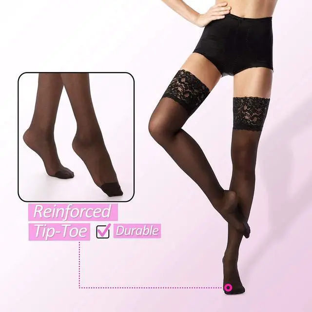 Alt view image 5 of 7 - Thigh High Stockings with Silicone - 15D Sheer Lace Top Nylon Stay Up Pantyhose for Women | Flexible Stretch, Various Body Shapes Fit, Smooth Texture, Matches Dresses & Skirts