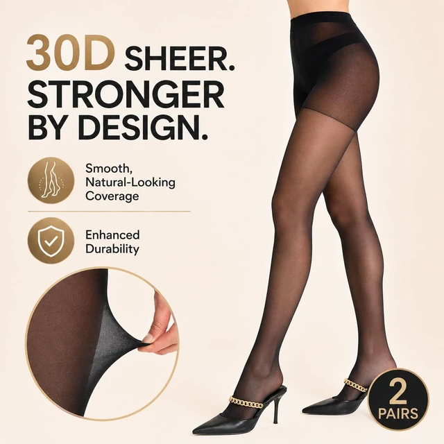 Alt view image 3 of 6 - 2 Pairs Women's Black Sheer Tights - 30D Not Rip Control Top Pantyhose - Reinforced Toes (Black*2,L)