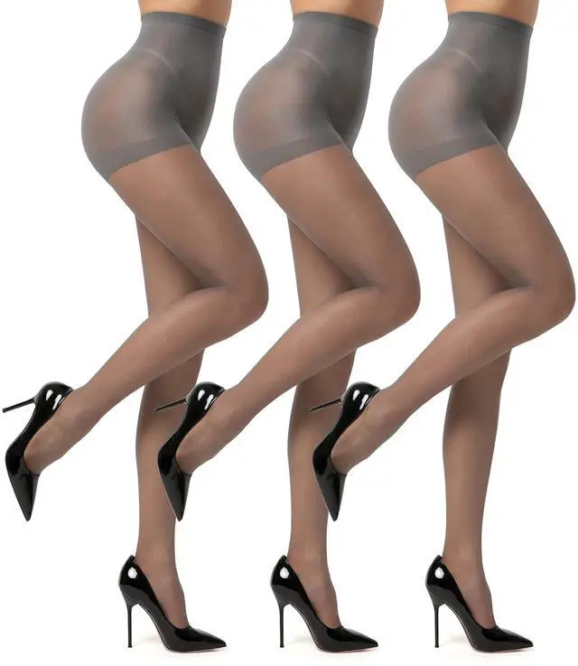 Main image of 3 Pairs Women's Sheer Pantyhose 20D, High Waist Control Top Pantyhose Hosiery (Grey, L)