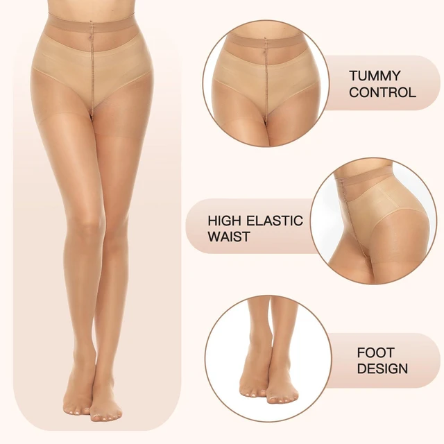 Alt view image 4 of 6 - 6 Pairs 20D Women's Sheer Tights Ultra Thin High Waist Pantyhose Thigh Stockings, NaturalBlack M