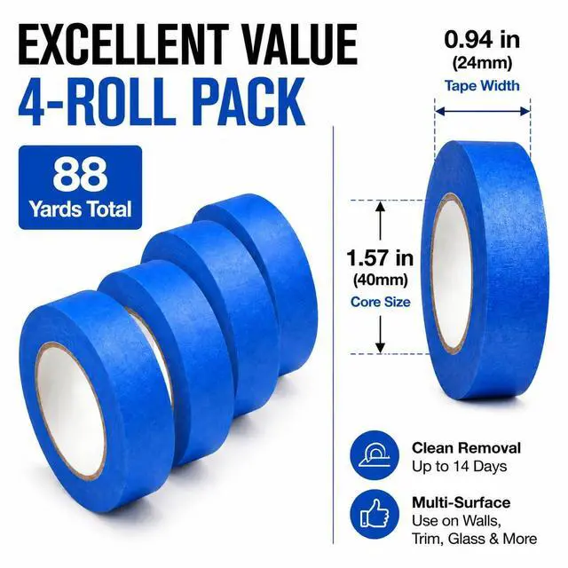 Alt view image 2 of 7 - 4 Rolls Premium Painters Tape - Masking Tape for Painting, Blue Painter's Tape for Walls, Trim, Crafts, Labeling & DIY Projects,0.94 Inch x 22 Yard (88 Yards Total) - No Residue, Easy Tear & Removal