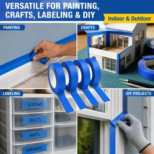 Alt view image 6 of 7 - 4 Rolls Premium Painters Tape - Masking Tape for Painting, Blue Painter's Tape for Walls, Trim, Crafts, Labeling & DIY Projects,0.94 Inch x 22 Yard (88 Yards Total) - No Residue, Easy Tear & Removal