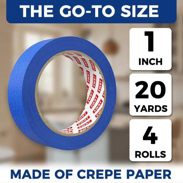 Alt view image 2 of 7 - Blue Painter's Tape, 1 Inch x 20 Yards, 4 Rolls, Clean Removal | Crisp Paint Lines; Fast, Clean Masking; Reliable Hold; Easy Hand Tear; Walls, Trim & Glass; Painting & Crafts
