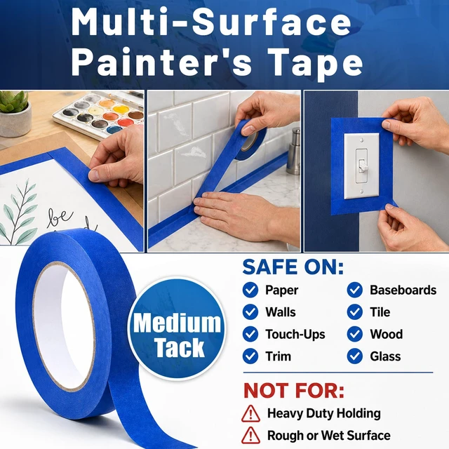 Alt view image 2 of 7 - Blue Painters Tape, 0.7 in x 55 yd, 1 Roll, Multi-Surface Paint Tape for Painting, Medium Tack Blue Masking Tape, Painter's Tape No Residue, Easy Tear Blue Tape for Walls, Trim, Baseboards