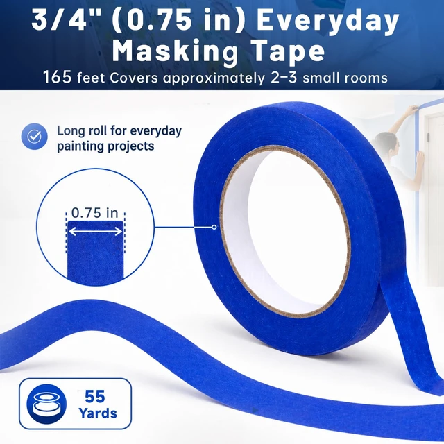 Alt view image 4 of 7 - Blue Painters Tape, 0.7 in x 55 yd, 1 Roll, Multi-Surface Paint Tape for Painting, Medium Tack Blue Masking Tape, Painter's Tape No Residue, Easy Tear Blue Tape for Walls, Trim, Baseboards