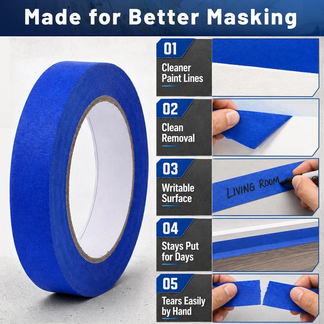 Alt view image 5 of 7 - Blue Painters Tape, 0.7 in x 55 yd, 1 Roll, Multi-Surface Paint Tape for Painting, Medium Tack Blue Masking Tape, Painter's Tape No Residue, Easy Tear Blue Tape for Walls, Trim, Baseboards