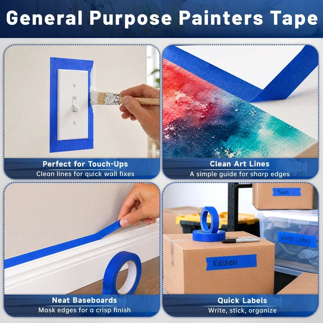 Alt view image 6 of 7 - Blue Painters Tape, 0.7 in x 55 yd, 1 Roll, Multi-Surface Paint Tape for Painting, Medium Tack Blue Masking Tape, Painter's Tape No Residue, Easy Tear Blue Tape for Walls, Trim, Baseboards