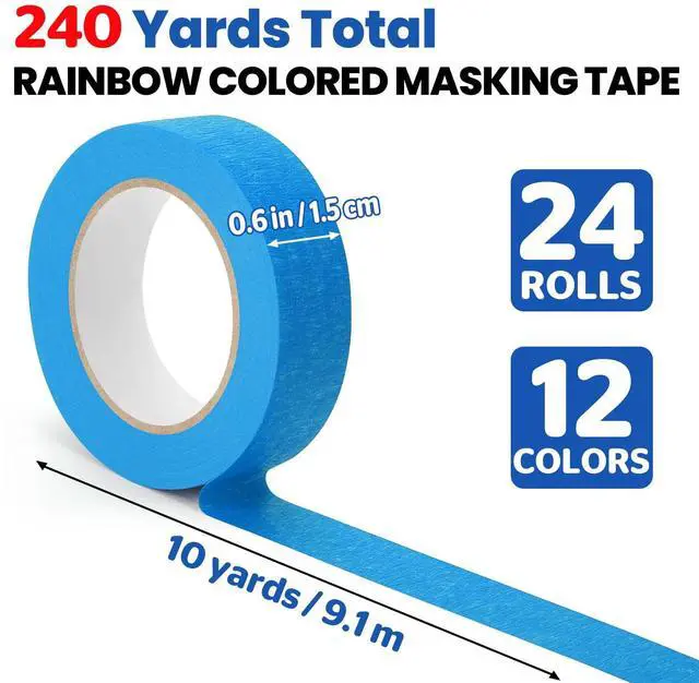 Alt view image 2 of 7 - 24 Rolls Colored Masking Tape, 12 Colors 0.6 inch x 240 Yards Painters Tape | Rainbow Colors Paper Tape, Writable Art Tape for Crafts Labeling Coding, DIY Decorations & Classroom Supplies