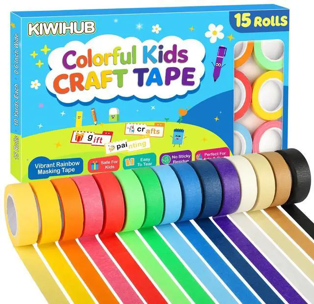 Main image of 15 Rolls Colored Masking Tape, 0.6in x 10yd, for Kids Art & Craft | Vibrant Colored Masking Tape, Perfect for Kids Art, DIY Crafts, Teaching Use and General Labeling