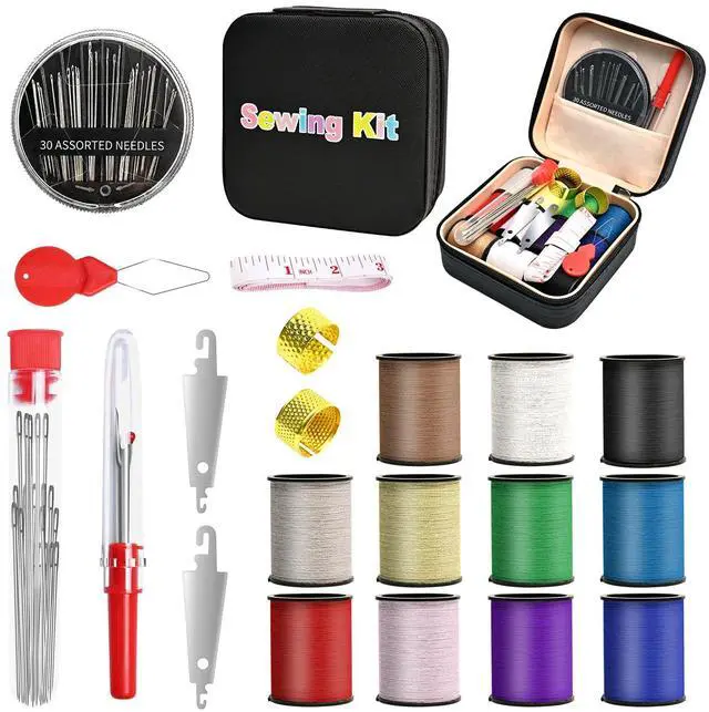 Main image of 74 PCS Sewing Kit, Big Eye Steel Sewing Needles Kit with Storage Box | Include 55 Steel Needles for Hand Sewing, 11 Colored Threads, Tape Measure, Needle Threaders, Seam Rippers(Black Small)