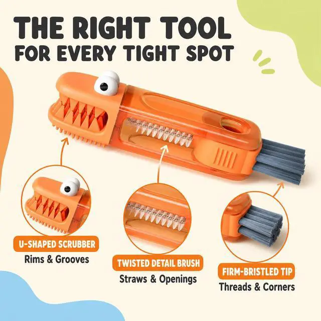 Alt view image 2 of 7 - 3-in-1 Bottle Brush, Straw Cleaner, Cup Lid Gap Cleaning Brush Set | Crocodile design, 360-degree rotating head, BPA-free silicone, non-slip grip, fits tumblers, mugs, and travel gear