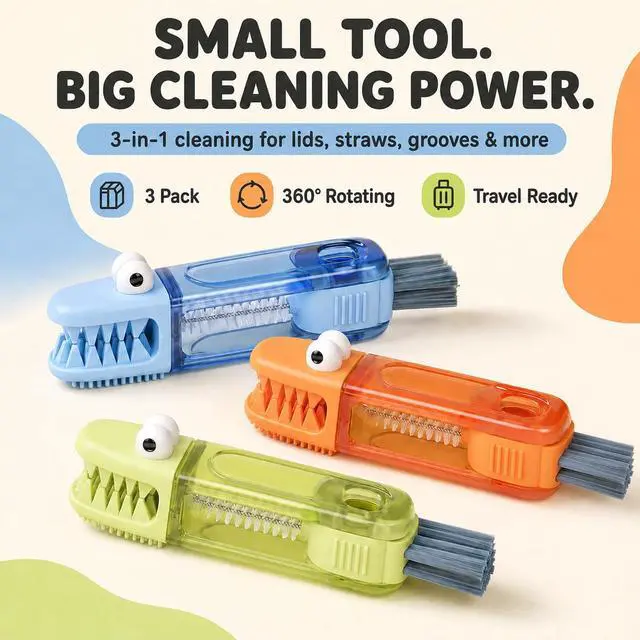 Alt view image 3 of 7 - 3-in-1 Bottle Brush, Straw Cleaner, Cup Lid Gap Cleaning Brush Set | Crocodile design, 360-degree rotating head, BPA-free silicone, non-slip grip, fits tumblers, mugs, and travel gear