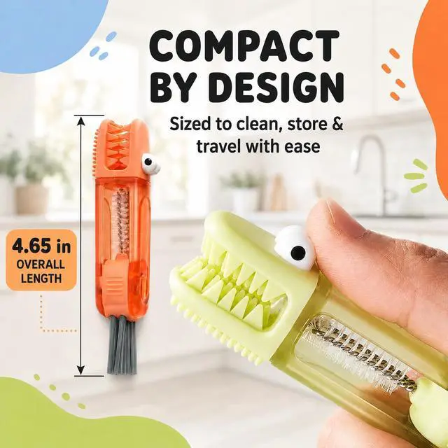 Alt view image 5 of 7 - 3-in-1 Bottle Brush, Straw Cleaner, Cup Lid Gap Cleaning Brush Set | Crocodile design, 360-degree rotating head, BPA-free silicone, non-slip grip, fits tumblers, mugs, and travel gear