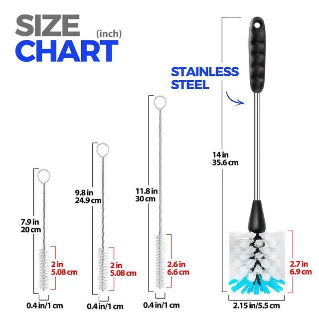 Alt view image 5 of 6 - 4 Pack Bottle Brush 14" Stainless Steel Straw Cleaner Brush,Blue | Bottle Cleaner Brush, 3 Straw Cleaner Brush, Bottle Cleaning Brush for Water Bottle Cups Straw Cleaner Brush