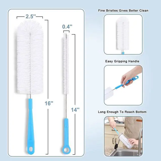 Alt view image 2 of 7 - 16" Bottle Brush Cleaner for Water Bottle - Long Handle Bottle Brush for Cleaning Narrow Neck Sport Bottles,Beer Bottle and Jugs, Set of 2