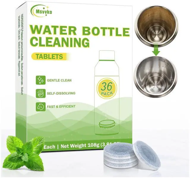 Main image of Water Bottle Cleaning Tablets, Remove Stains & Odor, Tumbler Cleaner | 36 Count, Deep Cleans, Removes Coffee Tea Stains, No Hard Scrubbing Needed, Fast Dissolving, Home, Office & Gym, Minty