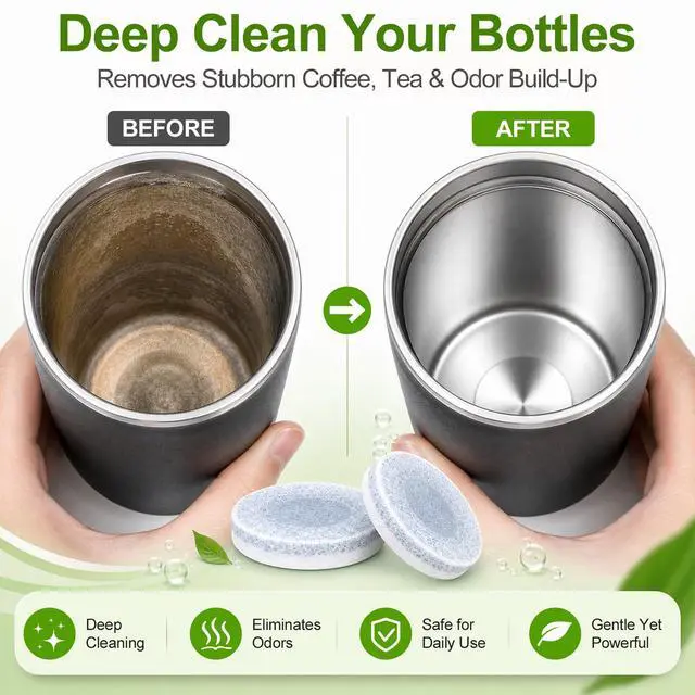 Alt view image 2 of 6 - Water Bottle Cleaning Tablets, Remove Stains & Odor, Tumbler Cleaner | 36 Count, Deep Cleans, Removes Coffee Tea Stains, No Hard Scrubbing Needed, Fast Dissolving, Home, Office & Gym, Minty