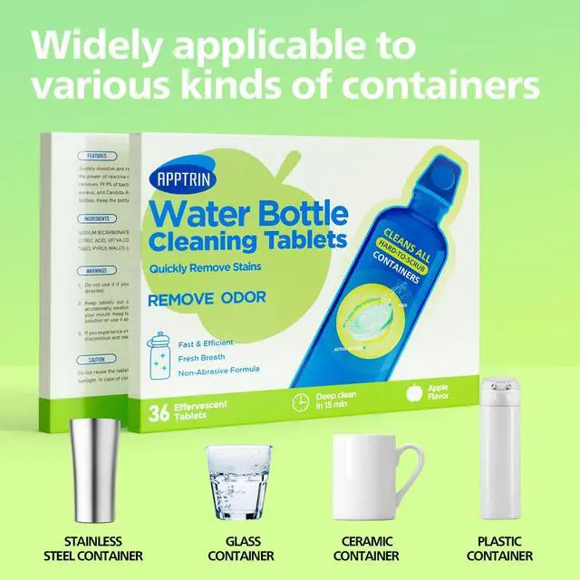 Alt view image 7 of 7 - Water Bottle Cleaning Tablets, 36 Pack Bottle Clean Tablet Hydration Bladder Cleansing Tablets for Hydration Bladder, Water Bottle, Individually Packed, Apple Flavor
