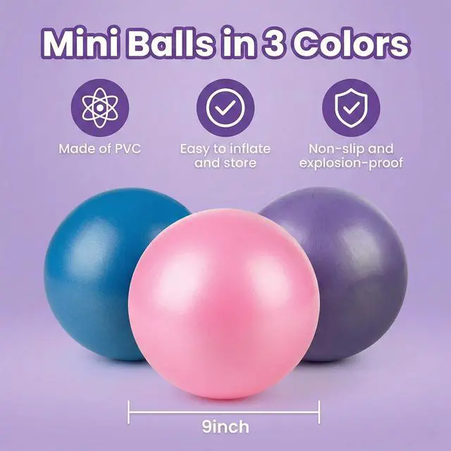 Alt view image 5 of 7 - 3 Pcs Small Exercise Ball - 9 Inch Pilates Yoga Ball | Mini Stability Ball with Inflation Straw for Fitness Core Strength Stretching, Home Gym Office Workout and Balance Training