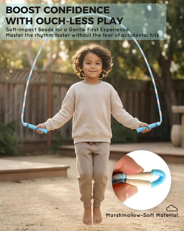 Alt view image 2 of 7 - Ultra-Soft Beaded Jump Rope with Tangle-Free TPU Beads for Kids | Soft TPU beads, thumb-groove grip, rhythmic click sound, waterproof name tag, carry bag, for kids at school and outdoors