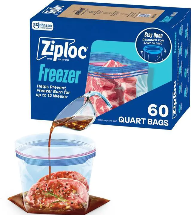 Main image of Quart Freezer Bags, Food Storage, Stand-Up Bottom, 60 Count | Quart Size Freezer Bags for Food Storage, Reusable, Stand-Up Bottom for Easy Fill, BPA-Free, 60 Count