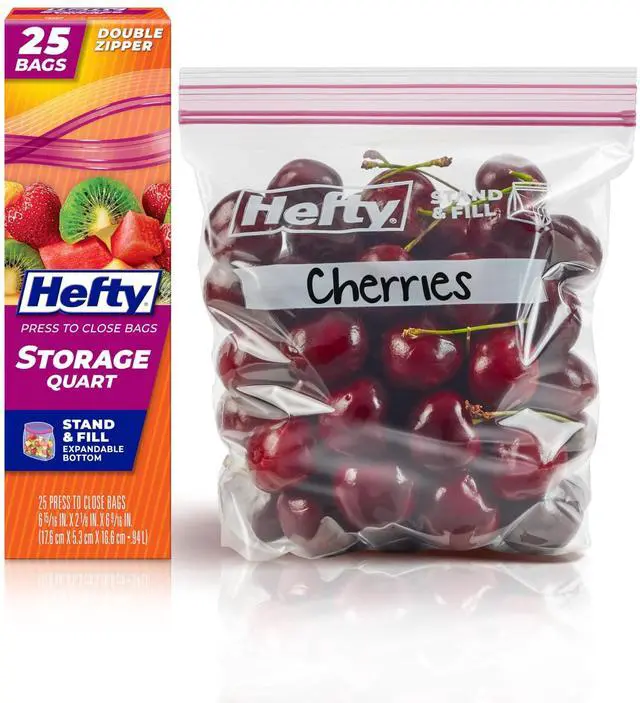 Main image of Press to Close Food Storage Bags, Quart Size, 25ct | Resealable Quart Plastic Bags, Press To Close Seal, Great for Holding Snacks, Sandwiches, Meal Prep, Stand and Fill Bottom