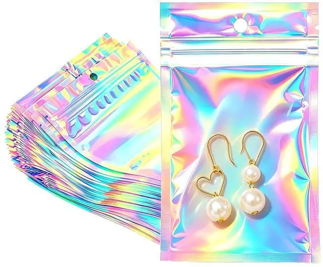 Main image of 100 Pcs Holographic Bags, Resealable Smell Proof Packaging Bags | 2.4x3.9in Mylar Bags for Small Business, Zipper Pouch Gift Bags for Jewelry, Sealable Plastic Mini Bags for Party Favors Bag