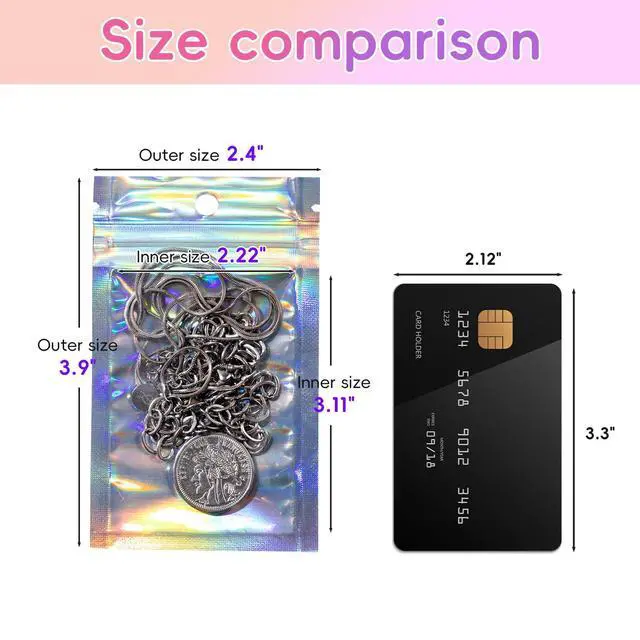 Alt view image 2 of 7 - 100 Pcs Holographic Bags, Resealable Smell Proof Packaging Bags | 2.4x3.9in Mylar Bags for Small Business, Zipper Pouch Gift Bags for Jewelry, Sealable Plastic Mini Bags for Party Favors Bag