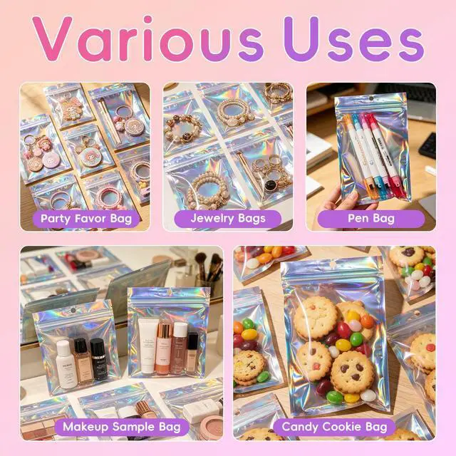 Alt view image 3 of 7 - 100Pcs Holographic Resealable Mylar Bags, 3x5 In Smell Proof Packaging Bag | Foil Pouch,Resealable Bags for Small Business, Goodie Baggies for Treat, Jewelry, Party Favors, Candy, Christmas Gift Bags