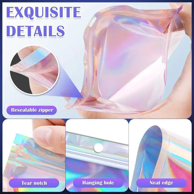 Alt view image 5 of 6 - Mylar Bags 100PCS Holographic Goodie Candy Jewelry Bags 2.4x3.9" | Small plastic freshie resealable bags for small business gift bracelet freebie treat keychain smell proof bag clear mini bags