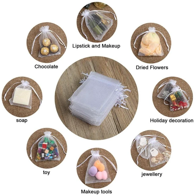 Alt view image 6 of 7 - 100PCS Premium Sheer Organza Bags, White Wedding Favor Bags with Drawstring, 4x4.72 Jewelry Gift Bags for Party, Jewelry, Christmas, Mother's Day, Festival, Bathroom Soaps, Makeup Organza Favor Bags