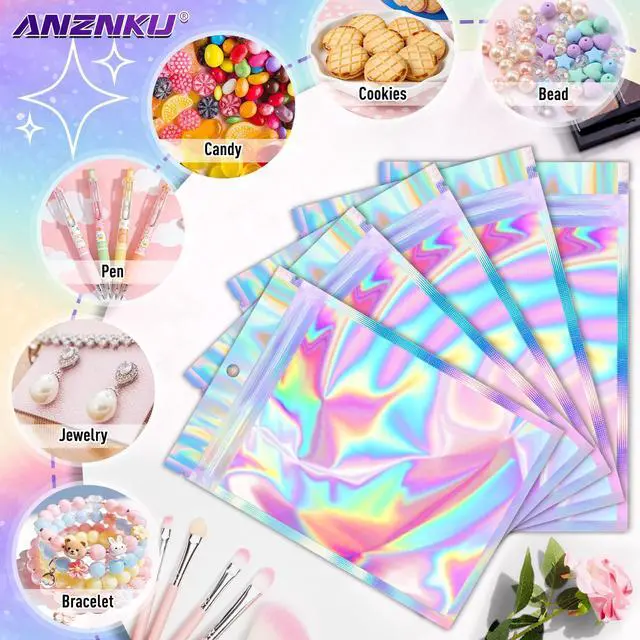 Alt view image 3 of 7 - Holographic Bags 5x7 Mylar Bags Resealable 50PCS Smell Proof Packaging Bag Pouch for Bead Goodie Snack Candy Jewelry Party Favor Storage Small Business, Small Plastic Gift Baggies Clear Window