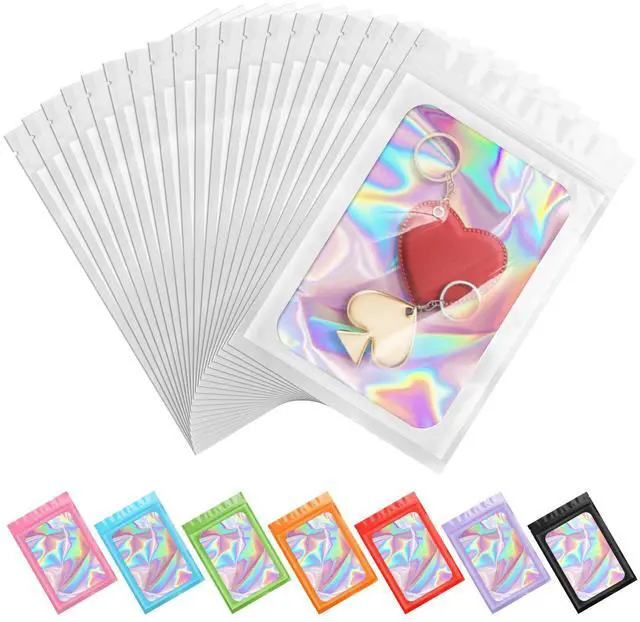 Main image of 100PCS Holographic White Mylar Bags, Resealable Smell Proof 2.4x3.9 | with Clear Window, Small Business Packaging for Jewelry Candy Treat Makeup Favor, Sealable Plastic Zip Goodie Gift Baggies