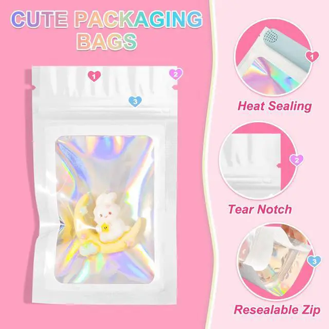 Alt view image 3 of 6 - 100PCS Holographic White Mylar Bags, Resealable Smell Proof 2.4x3.9 | with Clear Window, Small Business Packaging for Jewelry Candy Treat Makeup Favor, Sealable Plastic Zip Goodie Gift Baggies