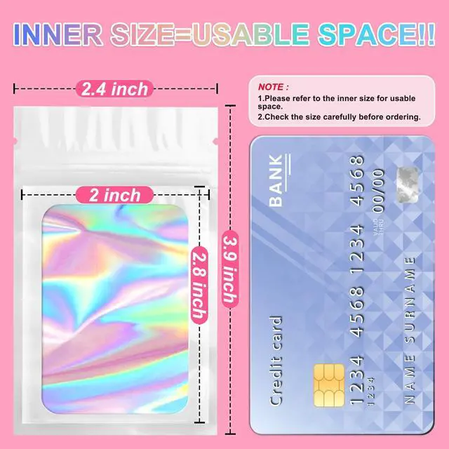 Alt view image 2 of 6 - 100PCS Holographic White Mylar Bags, Resealable Smell Proof 2.4x3.9 | with Clear Window, Small Business Packaging for Jewelry Candy Treat Makeup Favor, Sealable Plastic Zip Goodie Gift Baggies