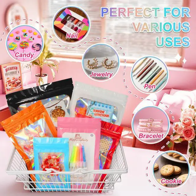 Alt view image 4 of 6 - 100PCS Holographic White Mylar Bags, Resealable Smell Proof 2.4x3.9 | with Clear Window, Small Business Packaging for Jewelry Candy Treat Makeup Favor, Sealable Plastic Zip Goodie Gift Baggies