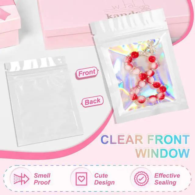 Alt view image 6 of 6 - 100PCS Holographic White Mylar Bags, Resealable Smell Proof 2.4x3.9 | with Clear Window, Small Business Packaging for Jewelry Candy Treat Makeup Favor, Sealable Plastic Zip Goodie Gift Baggies