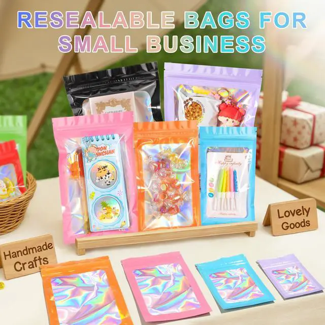 Alt view image 5 of 6 - 100PCS Holographic White Mylar Bags, Resealable Smell Proof 2.4x3.9 | with Clear Window, Small Business Packaging for Jewelry Candy Treat Makeup Favor, Sealable Plastic Zip Goodie Gift Baggies