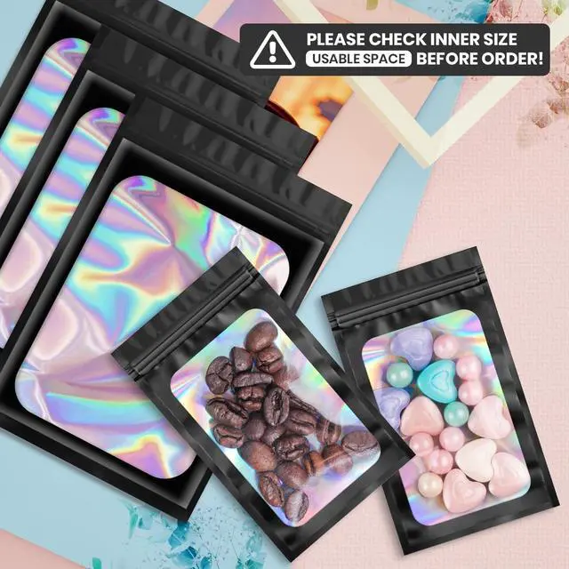 Alt view image 2 of 6 - 100 pcs Black Mylar Holographic Bags Packaging Bags,Clear Resealable Bag Foil Pouch Bag for Food Storage and Lipgloss,Jewelry,Eyelash Packaging for Small Business(2.4x3.9Inch)
