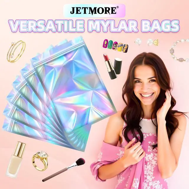 Alt view image 2 of 6 - Holographic Bags, 50 PCS Mylar Bags, 2.4x9in Resealable Treat Bags | Resealable bags for small business hold candy, jewelry and samples, freshie bags support gifts, favors and organized display