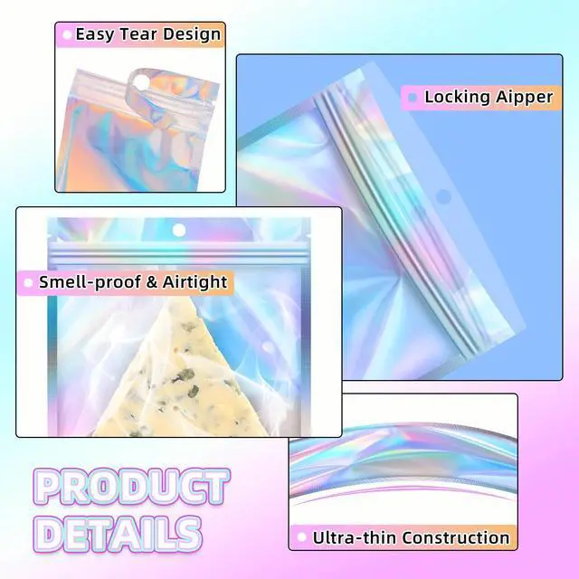 Alt view image 4 of 6 - Holographic Bags, 50 PCS Mylar Bags, 2.4x9in Resealable Treat Bags | Resealable bags for small business hold candy, jewelry and samples, freshie bags support gifts, favors and organized display