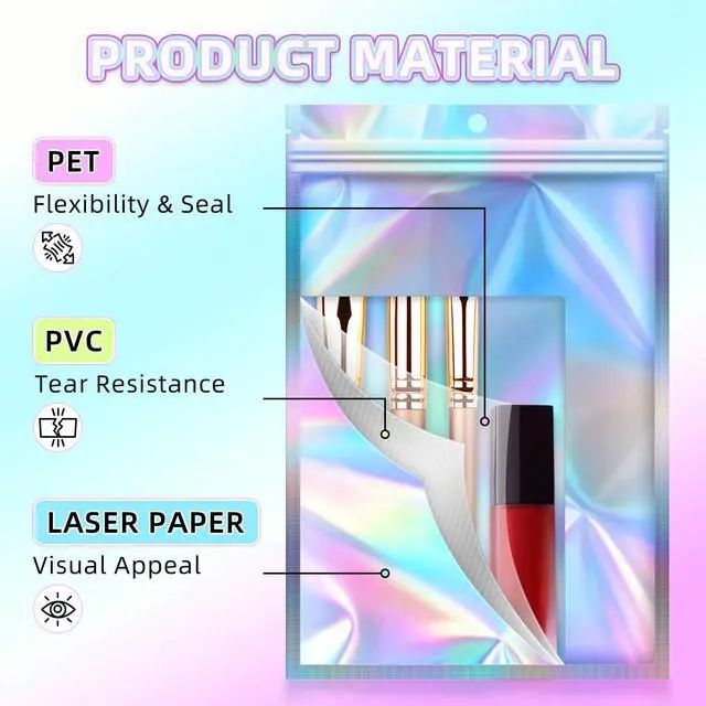 Alt view image 5 of 6 - Holographic Bags, 50 PCS Mylar Bags, 2.4x9in Resealable Treat Bags | Resealable bags for small business hold candy, jewelry and samples, freshie bags support gifts, favors and organized display