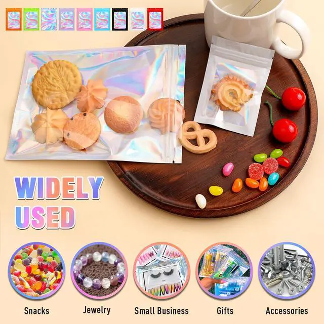 Alt view image 2 of 6 - Holographic Bags 100PCS Mylar Bags, Smell Proof Bag Goodie Baggies | 2.4x3.9in goodie bags clear packaging bags candy gifts bags party favors earring jewelry bags seal tea snack size bags|Black